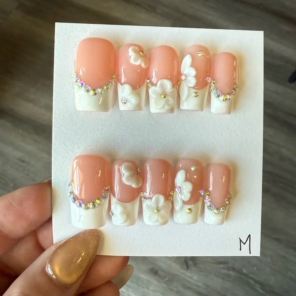Nude and White Rhinestone Nail Set - Picture 4 of 4
